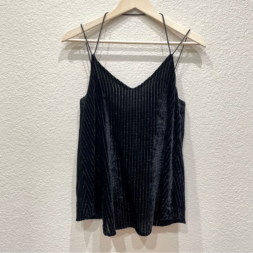 MNG | Mango Black Velvet Strappy Camisole Top W/ Metallic Stripes Glam